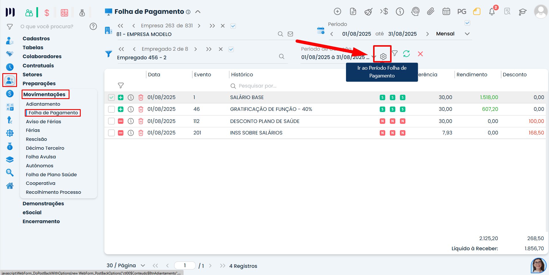 Tela do Sistema Contábil Makro exibindo acesso ao período da folha de pagamento para conferência após ajuste da data de pagamento da folha no sistema