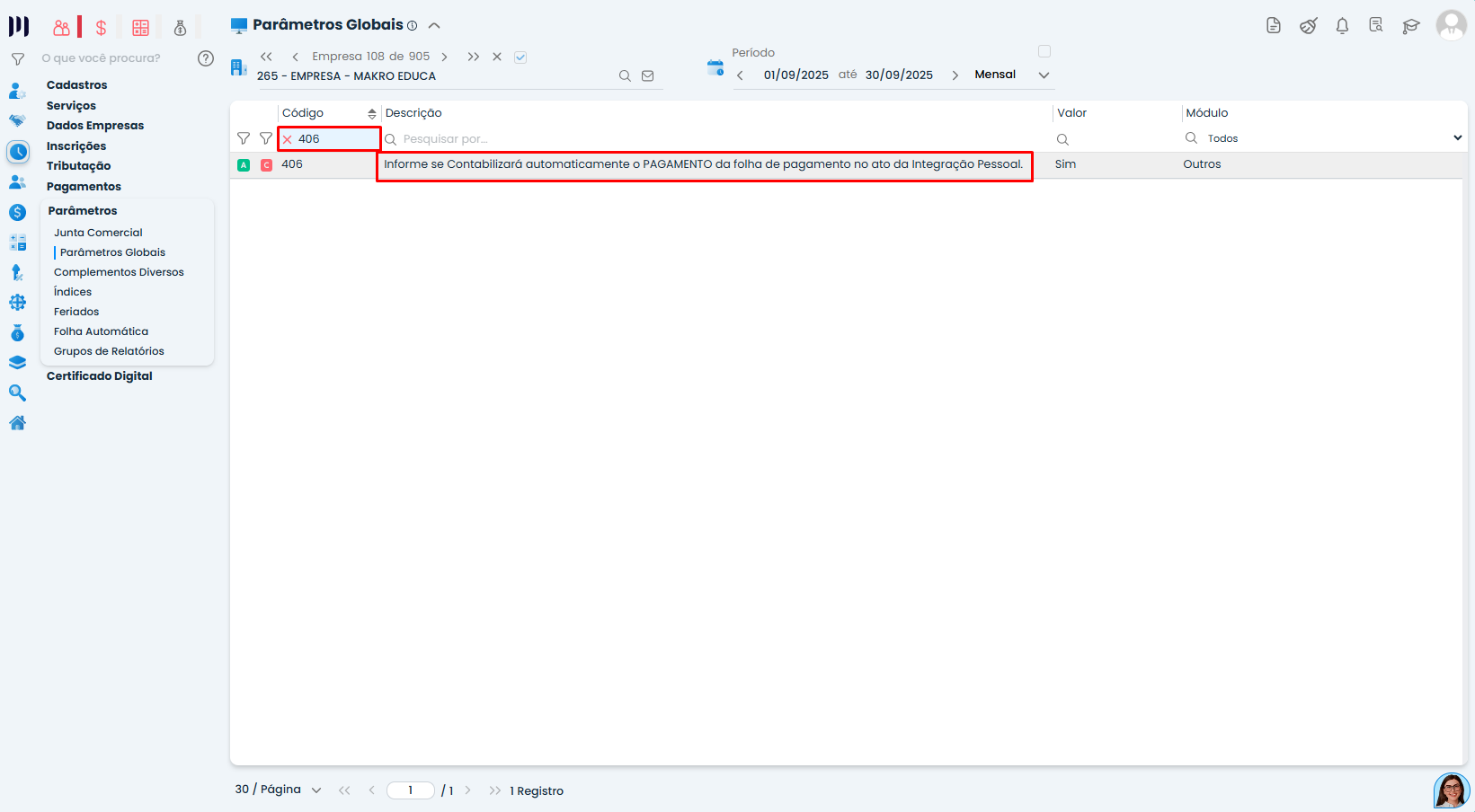 Busca pelo código 406 nos Parâmetros Globais do Sistema Contábil Makro exibindo a Configuração do Parâmetro 406 para pagamento da folha