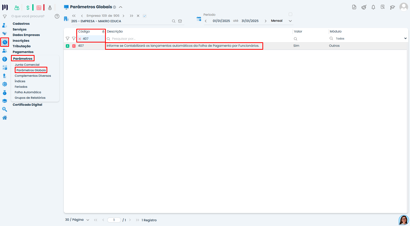 Tela de Parâmetros Globais no Sistema Contábil Makro exibindo o código 407 com destaque para lançamentos da folha por funcionário