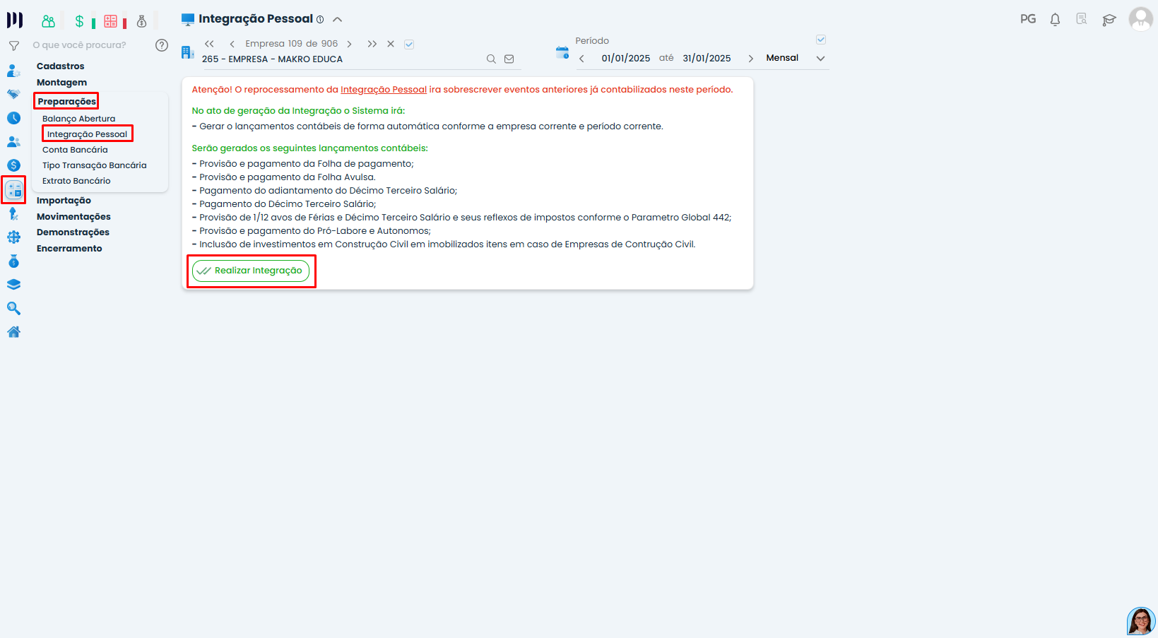 Tela de integração pessoal no Sistema Contábil Makro com botão realizar integração para aplicar lançamentos da folha por funcionário