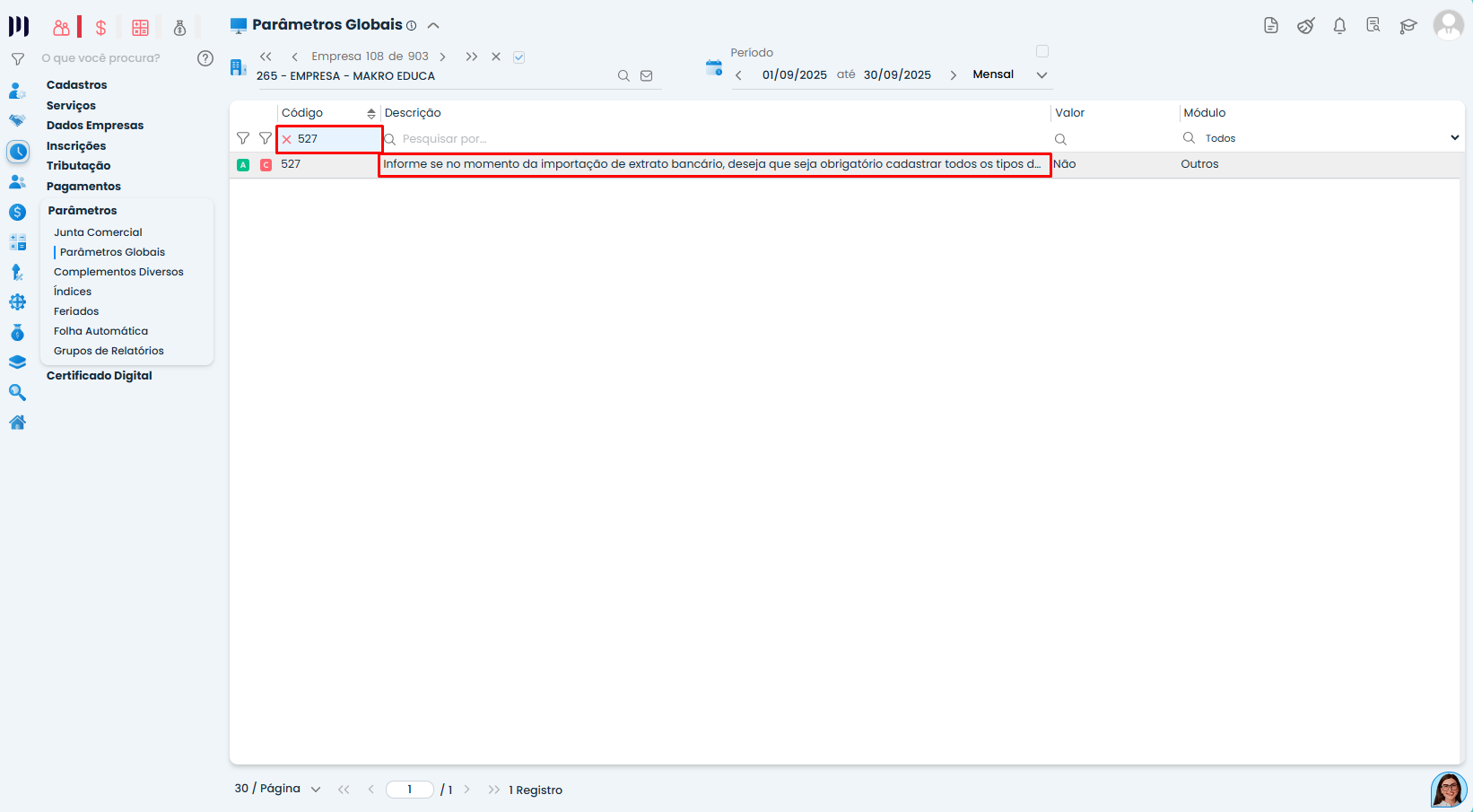 Tela de busca do parâmetro 527 no Sistema Contábil Makro exibindo descrição da Transações na Importação (Parâmetro 527) destacada na listagem