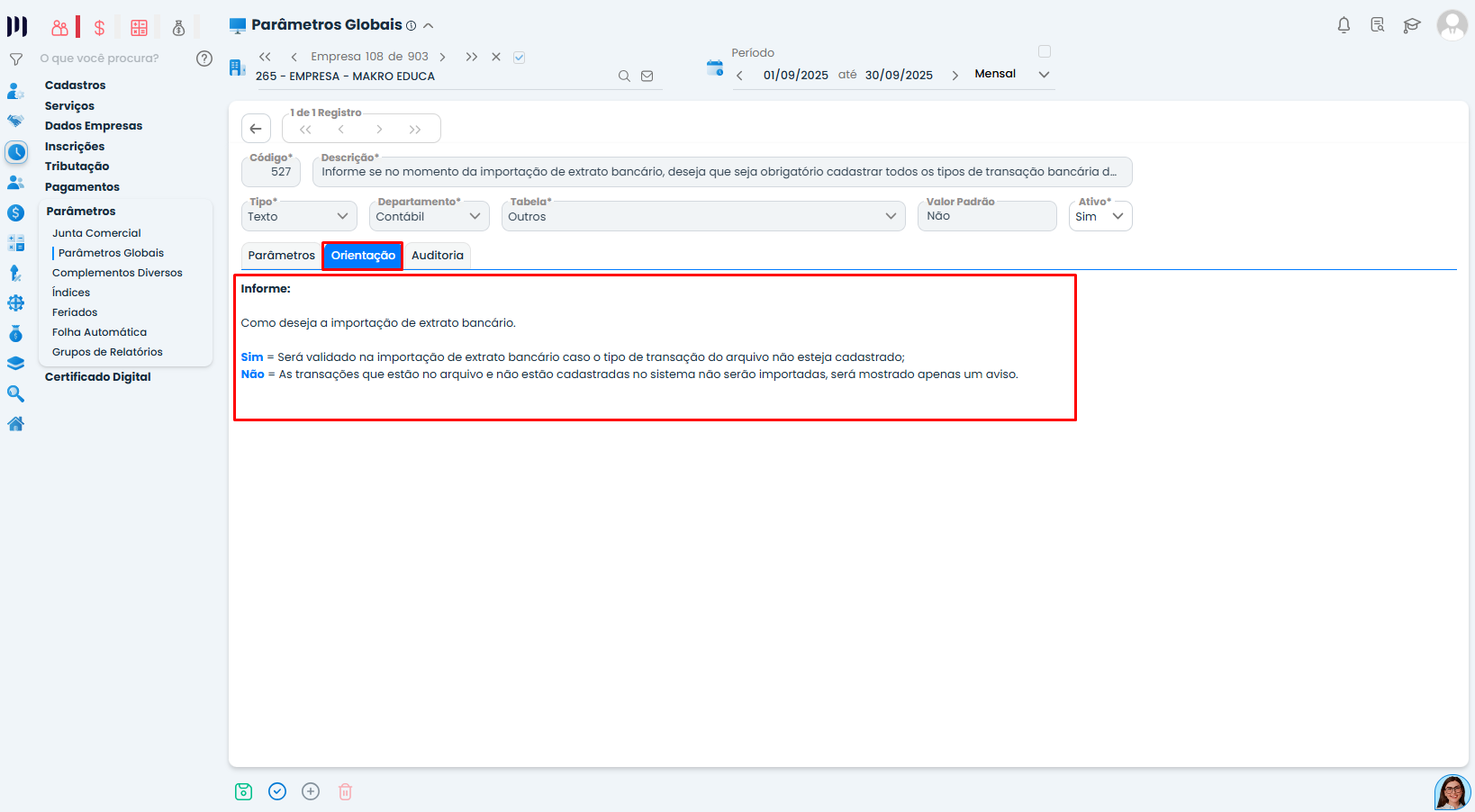 Aba de orientação do Sistema Contábil Makro explicando regras de Transações na Importação (Parâmetro 527) com opções SIM e NÃO detalhadas ao usuário