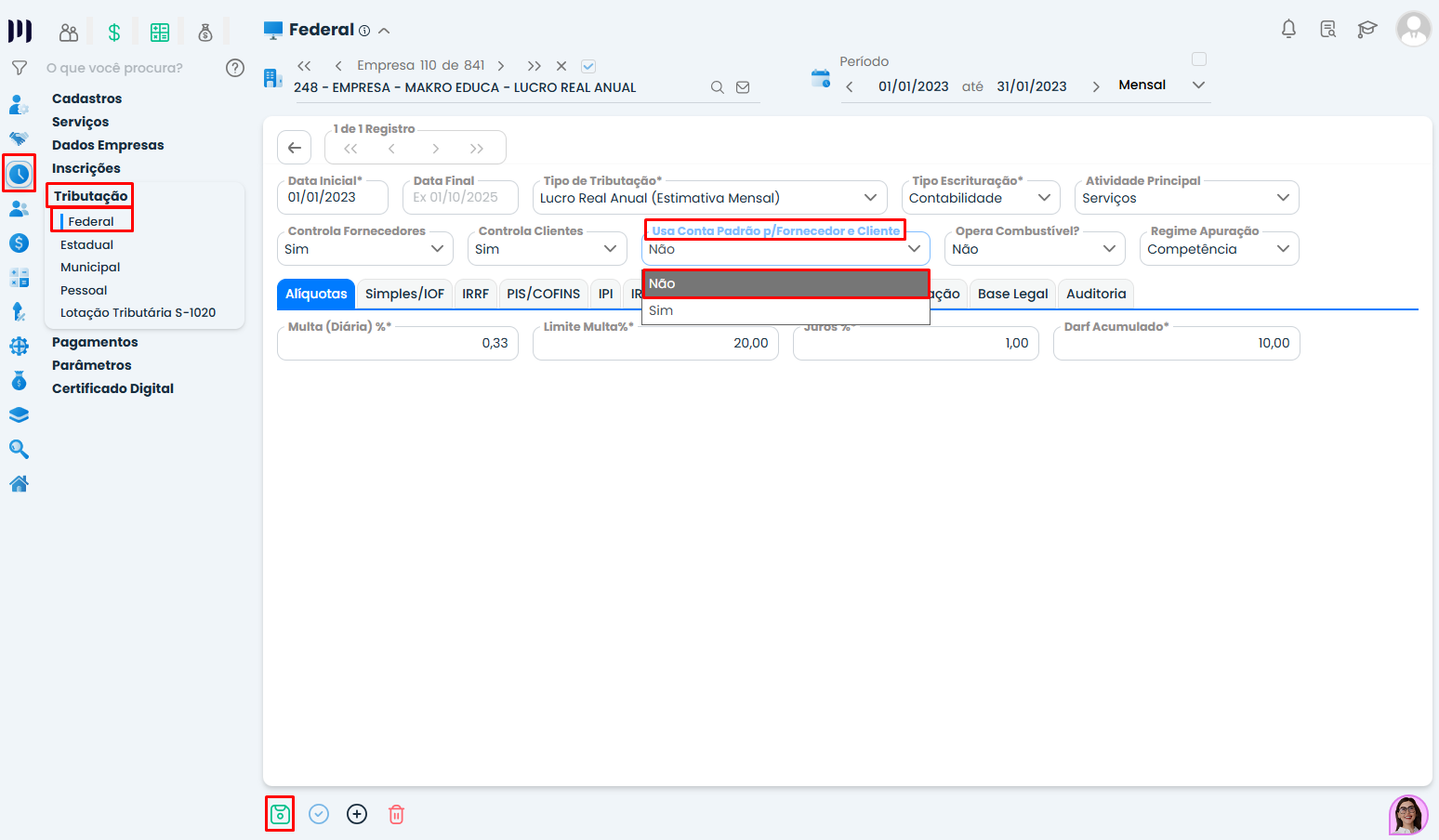 Tela de configuração no Sistema Contábil Makro exibindo opção de contabilização de clientes com uso de conta padrão desativado no módulo federal