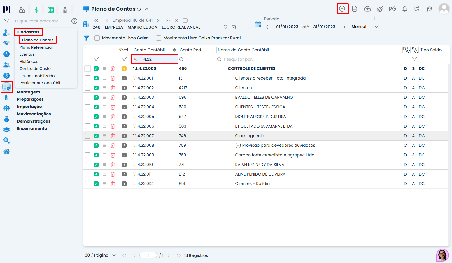 Tela do plano de contas no Sistema Contábil Makro com grupo de controle de clientes destacado para contabilização de clientes e inclusão de novas contas