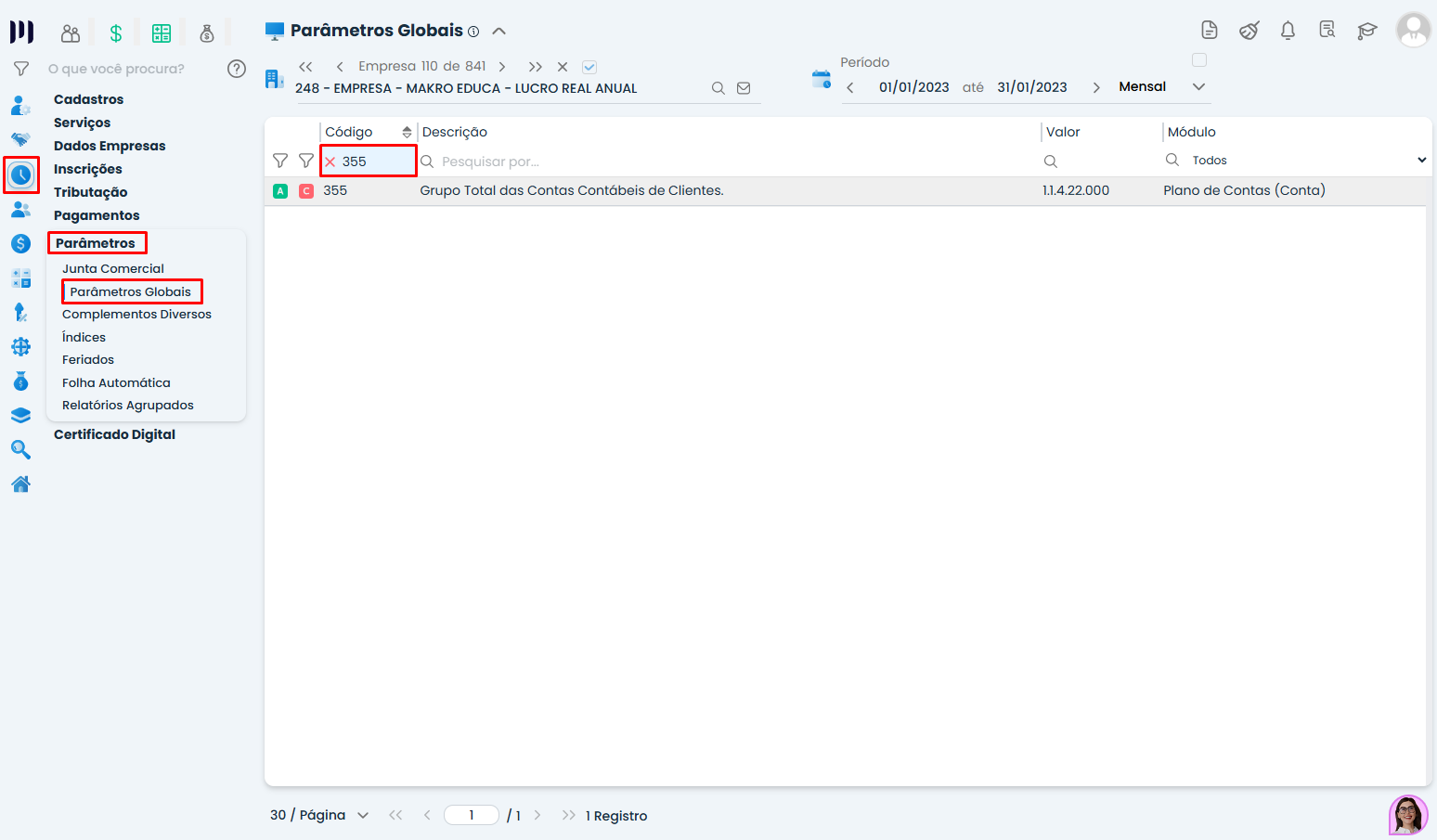 Tela de parâmetros globais no Sistema Contábil Makro destacando parâmetro 355 para configuração da contabilização de clientes com grupo de contas