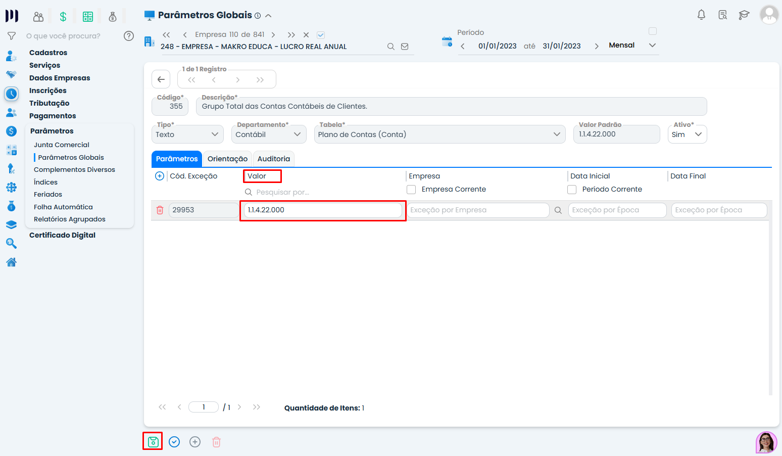 Configuração detalhada do parâmetro 355 no Sistema Contábil Makro com valor do grupo de contas para contabilização de clientes preenchido corretamente