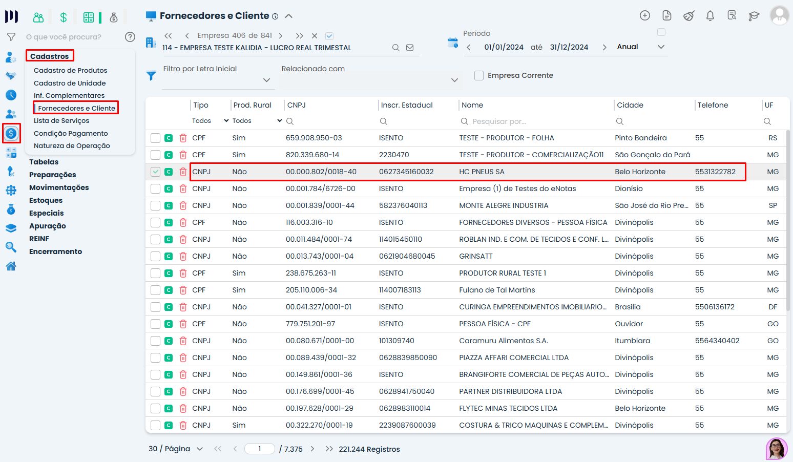 Listagem de fornecedores e clientes no Sistema Contábil Makro com registro selecionado para realizar contabilização de clientes e acesso ao cadastro