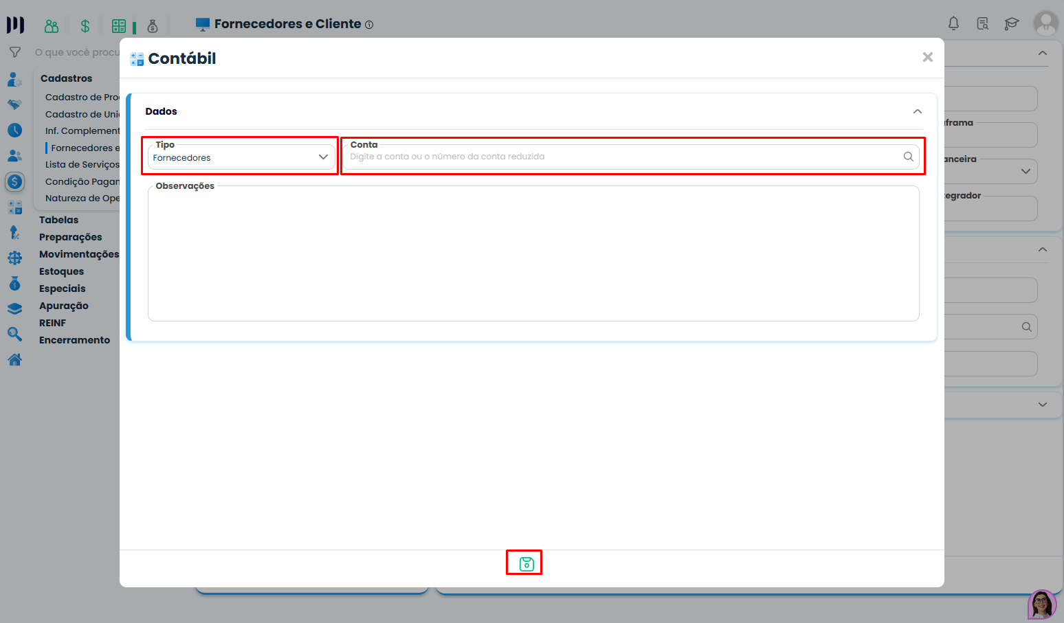 Janela de inclusão contábil no Sistema Contábil Makro com campos tipo e conta para configuração da contabilização de clientes no cadastro