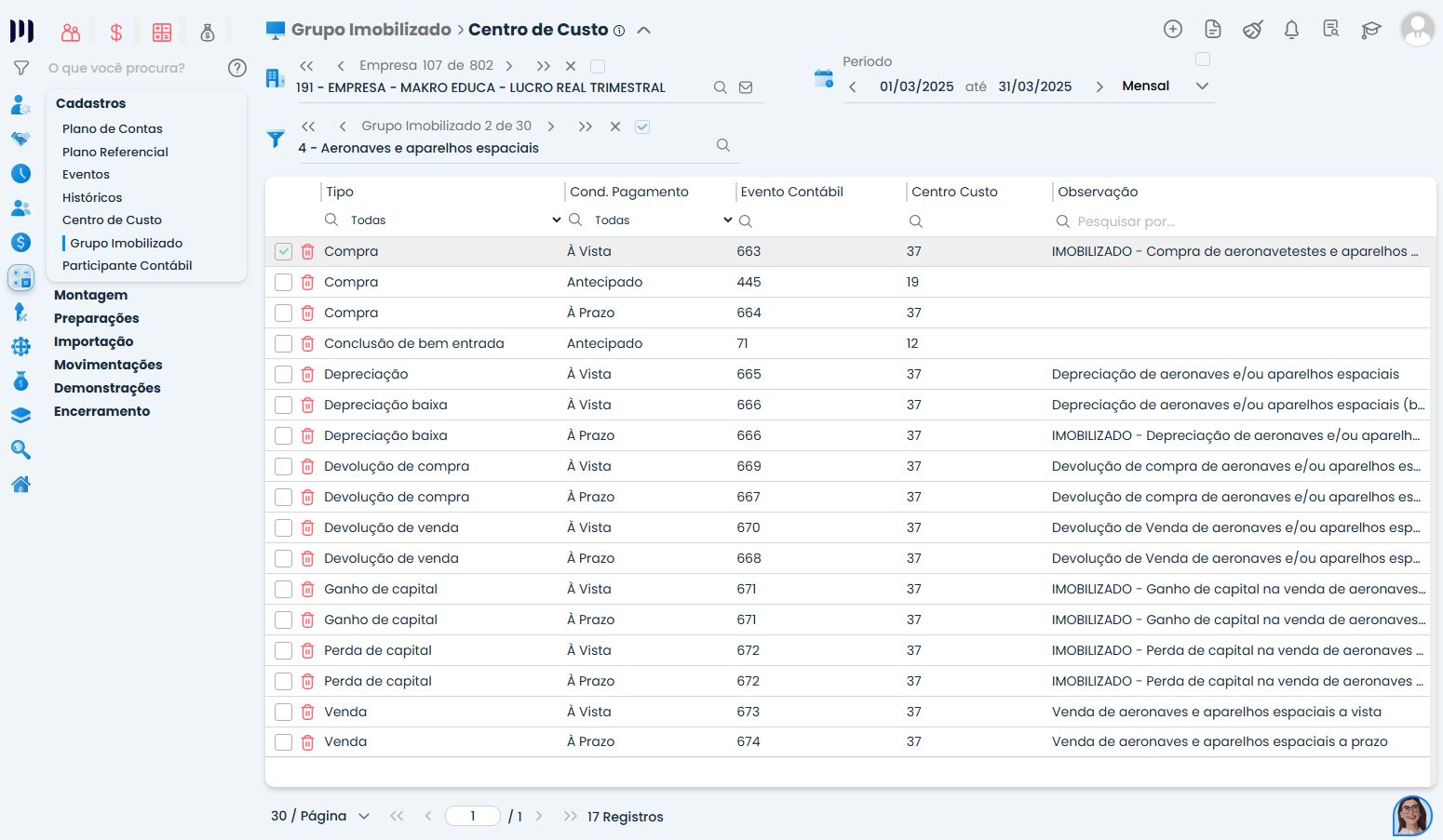 Interface do Sistema Contábil Makro com listagem de eventos contábeis vinculados ao centro de custo na Contabilização de Ativos Imobilizados.