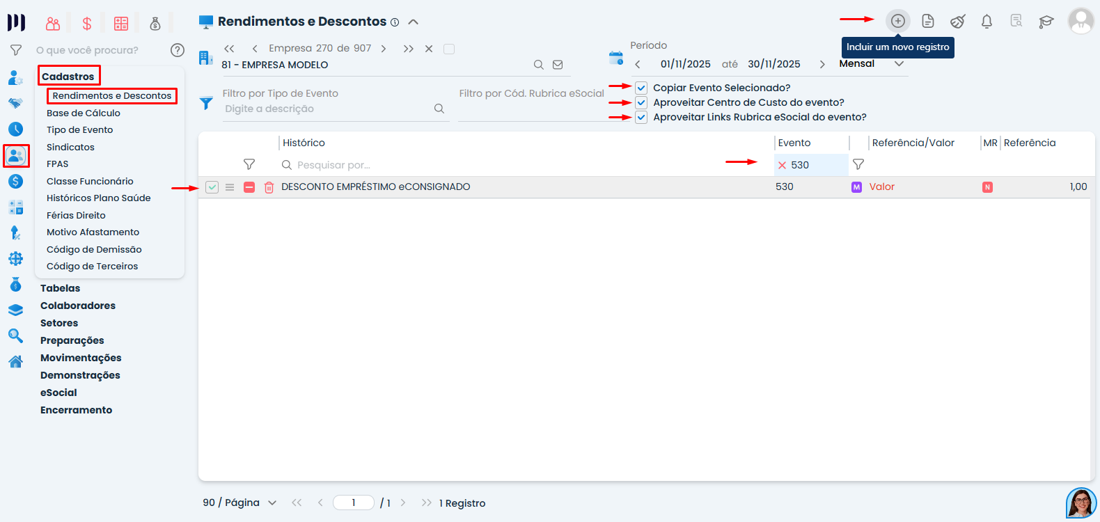 Tela do Sistema Contábil Makro em Rendimentos e Descontos destacando opções de cópia de evento para Empréstimo eConsignado com filtros e seleção ativa