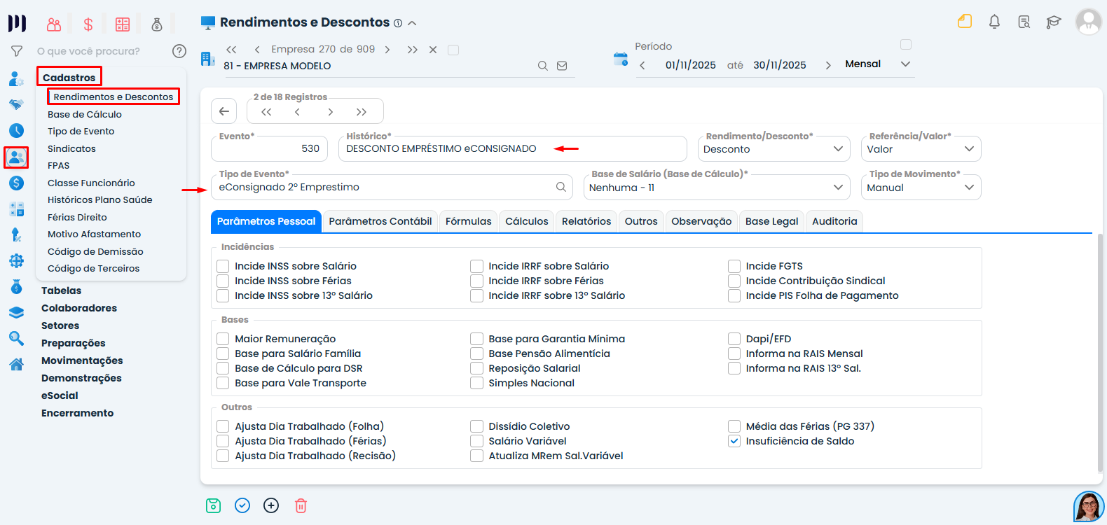 Tela de edição no Sistema Contábil Makro com parâmetros de evento de Empréstimo eConsignado exibindo incidências, bases e configurações detalhadas