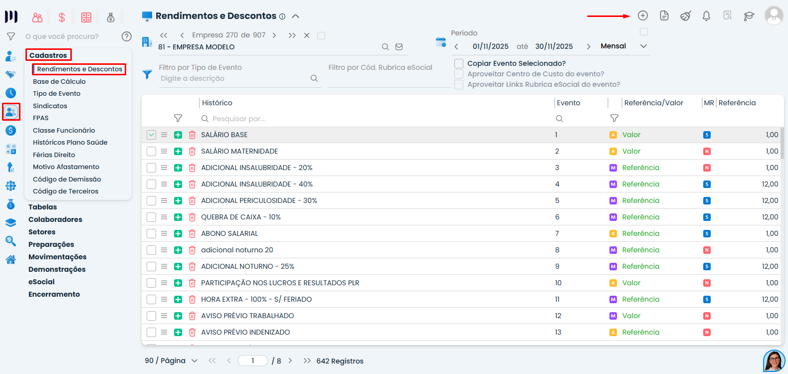 Listagem de eventos no Sistema Contábil Makro em Rendimentos e Descontos com vários registros disponíveis para uso em Empréstimo eConsignado