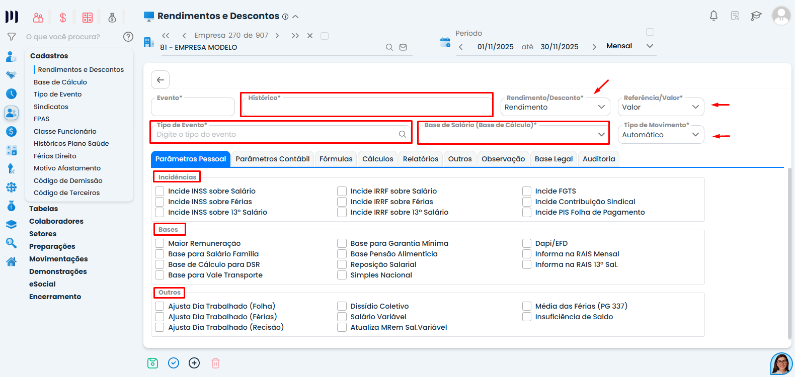 Tela de criação de evento no Sistema Contábil Makro com campos de histórico e tipo para cadastro de Empréstimo eConsignado e marcações de incidência