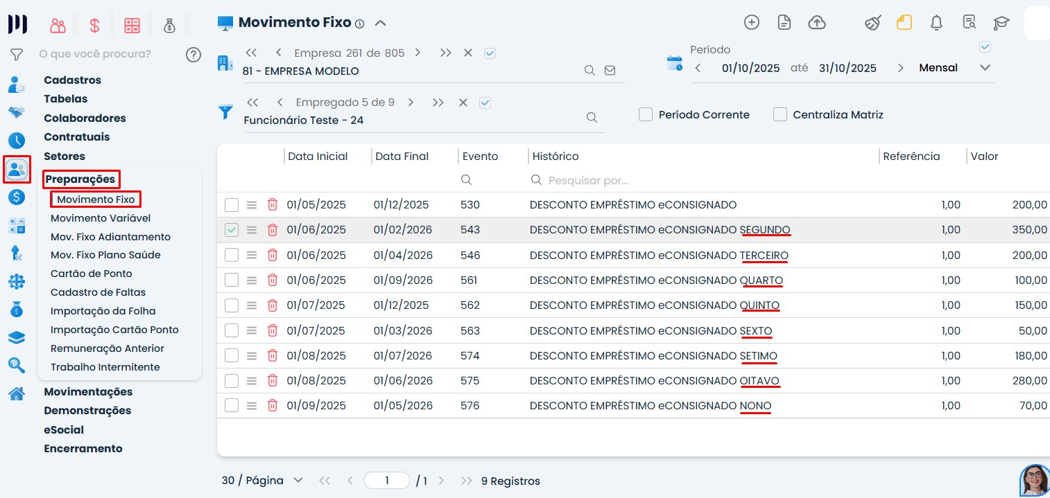 Tela de movimento fixo no Sistema Contábil Makro mostrando lançamentos de parcelas de Empréstimo eConsignado vinculados a colaboradores