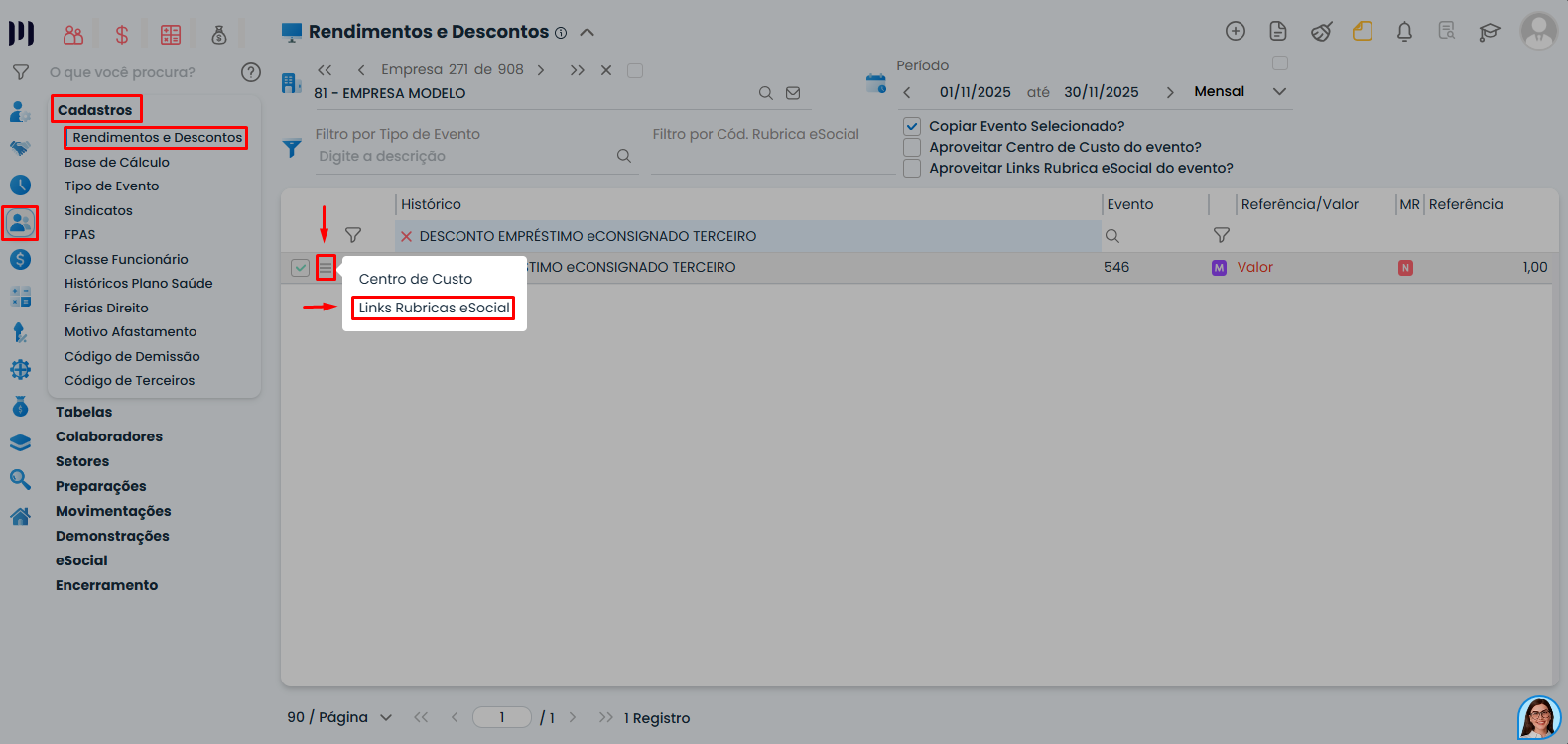 Tela do Sistema Contábil Makro com opção de links de rubricas eSocial para evento de Empréstimo eConsignado destacando integração necessária