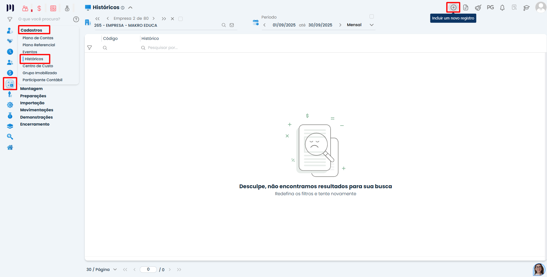 Tela do Sistema Contábil Makro exibindo menu Contábil em Cadastros e opção Históricos para criação de histórico contábil com botão incluir novo registro