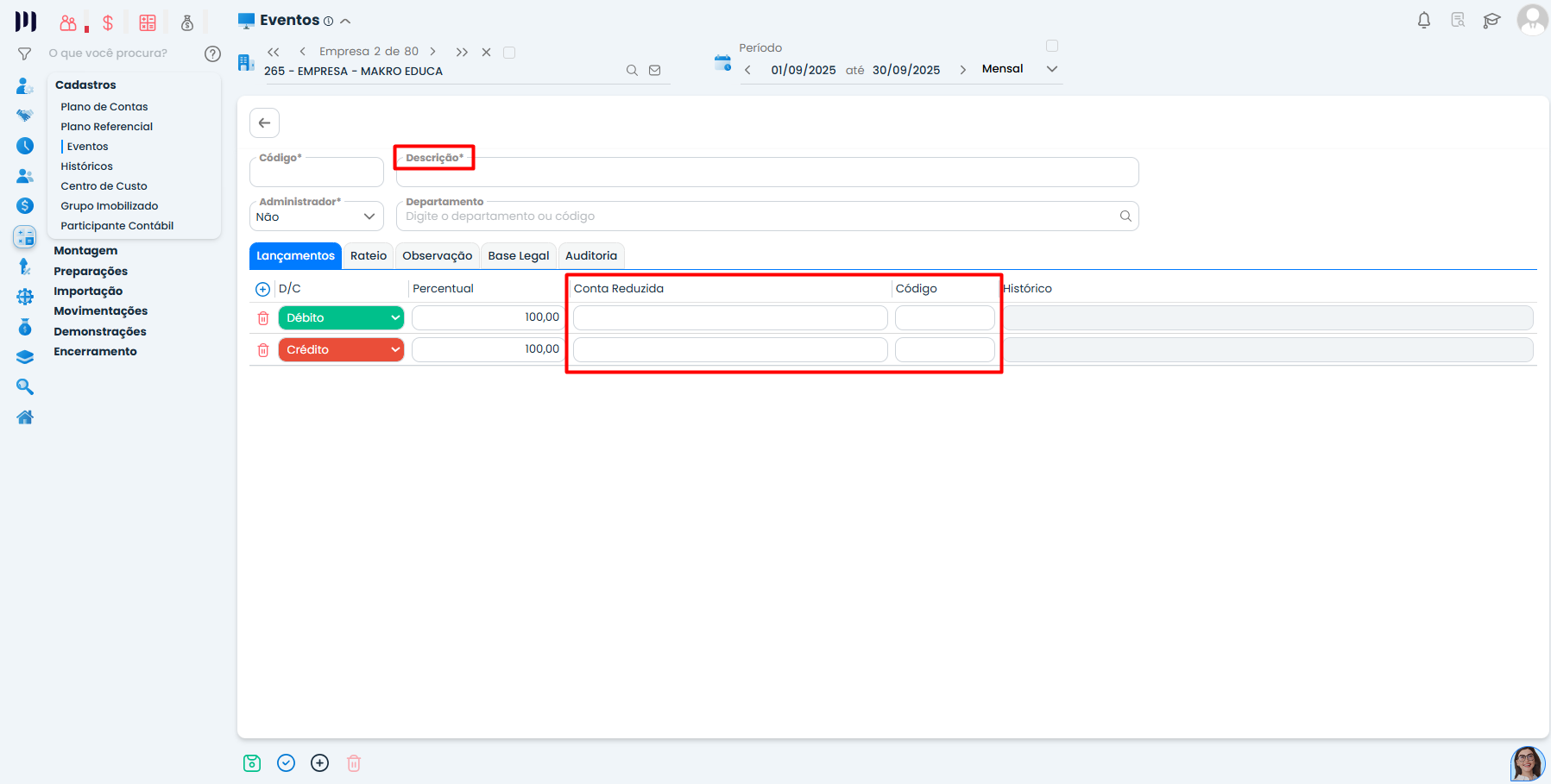 Tela de configuração de Evento Contábil no Sistema Contábil Makro com campos de descrição, débito e crédito preenchidos na aba lançamentos