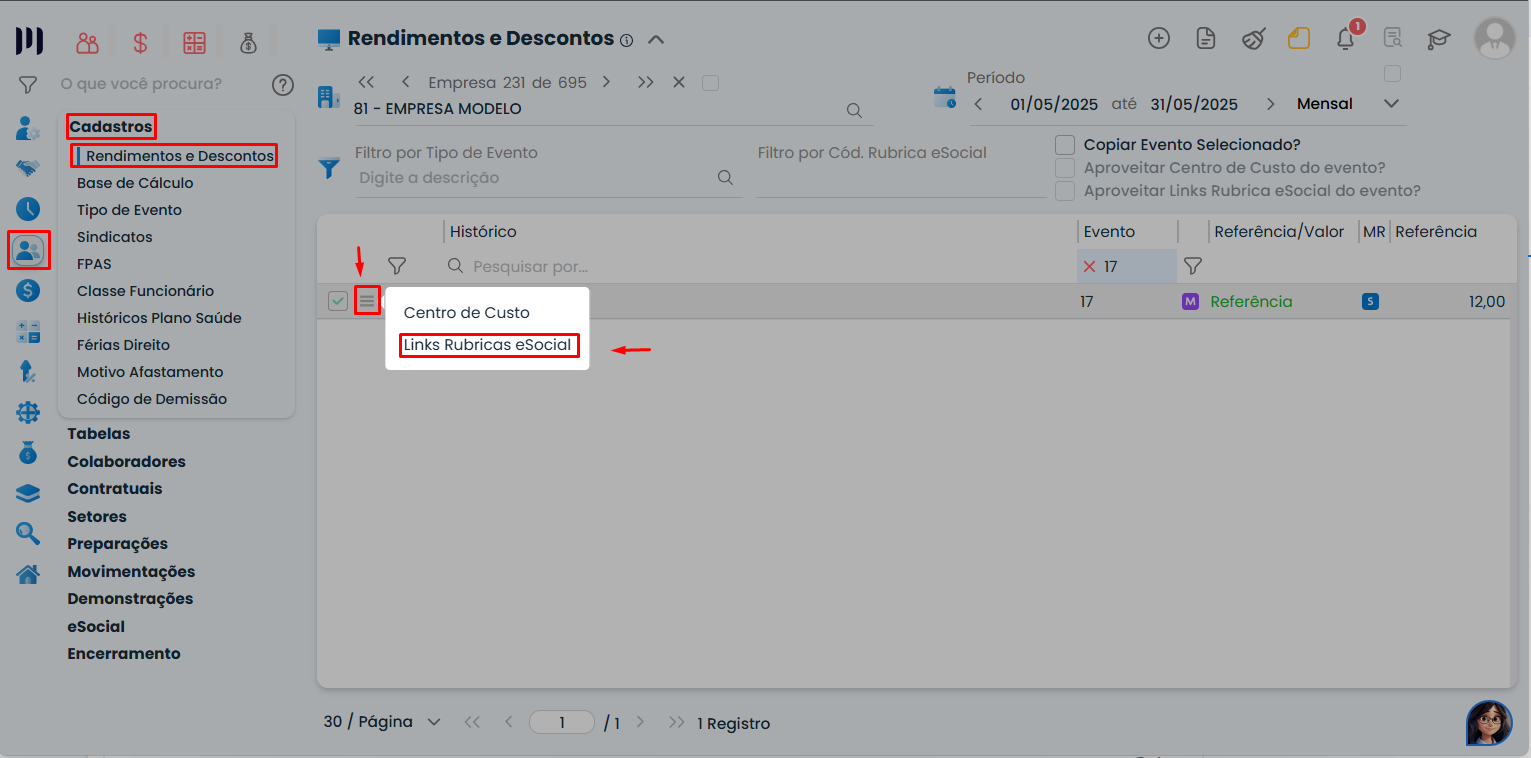 Listagem de eventos no Sistema Contábil Makro com seleção de Evento (rubrica) e acesso aos links de rubricas eSocial destacados na tela.
