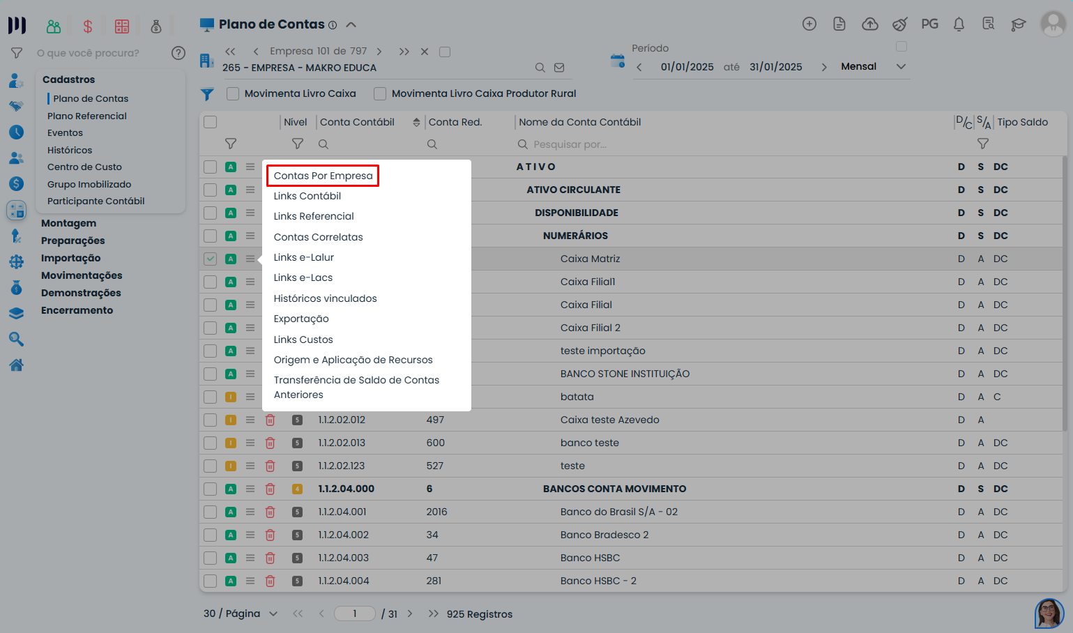 Menu de opções da conta no Sistema Contábil Makro com destaque em Contas por Empresa, etapa essencial ao criar conta contábil restrita.