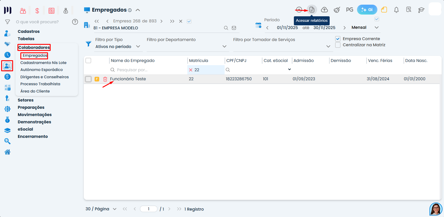 Tela do Sistema Contábil Makro exibindo menu Colaboradores e lista de empregados com opção acessar relatórios para emissão de documentos admissionais.