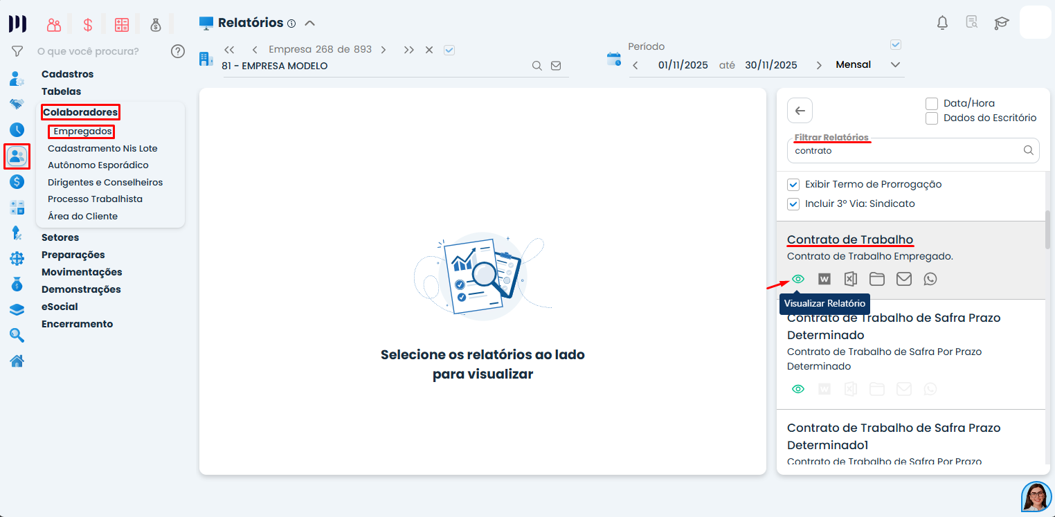 Interface do Sistema Contábil Makro na tela de relatórios mostrando contrato de trabalho e opções de visualização para documentos admissionais.