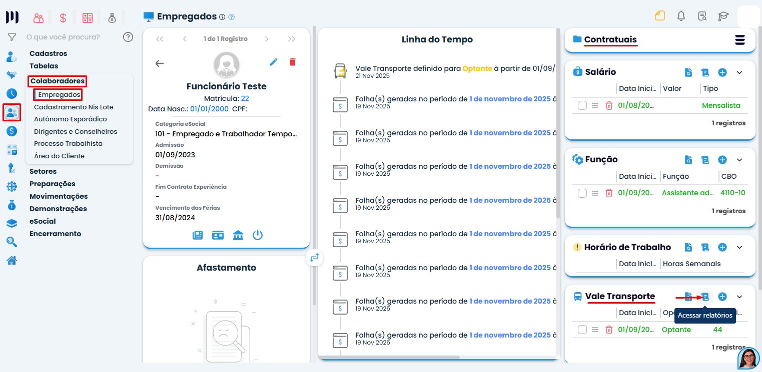 Tela do Sistema Contábil Makro com dados do empregado e aba contratuais destacando opção vale transporte para relatórios de documentos admissionais.