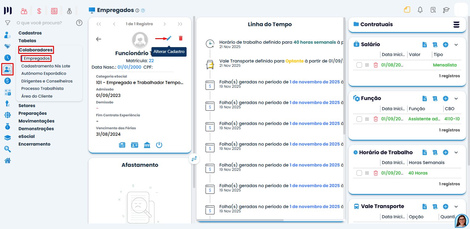 Tela do Sistema Contábil Makro exibindo menu Colaboradores e acesso ao cadastro de empregados para emissão de recibo de cesta básica