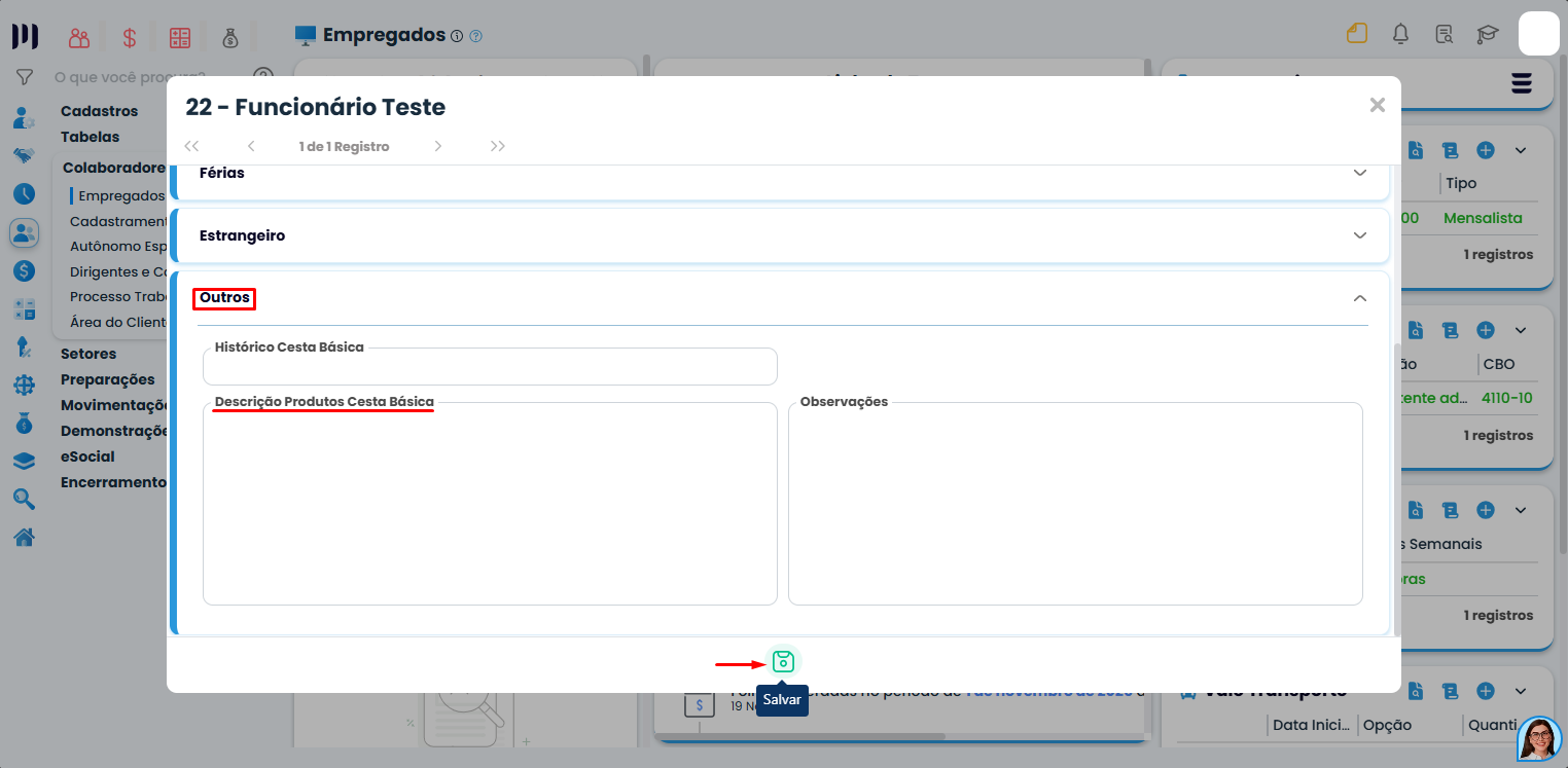 Tela do Sistema Contábil Makro na aba Outros com campo descrição de produtos para recibo de cesta básica preenchimento de itens da cesta