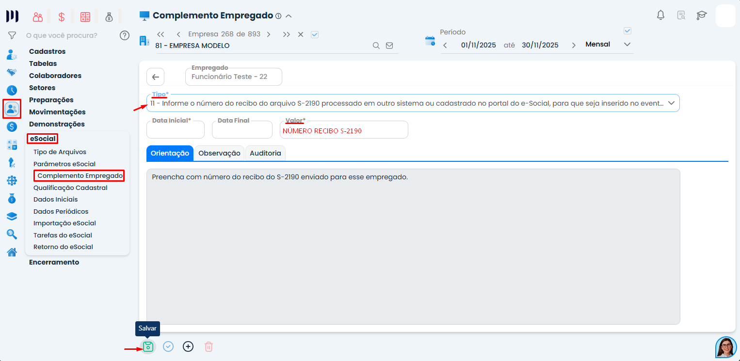 Tela do Sistema Contábil Makro exibindo complemento empregado com campo de recibo S-2190 preenchido para envio do S-2200 no eSocial
