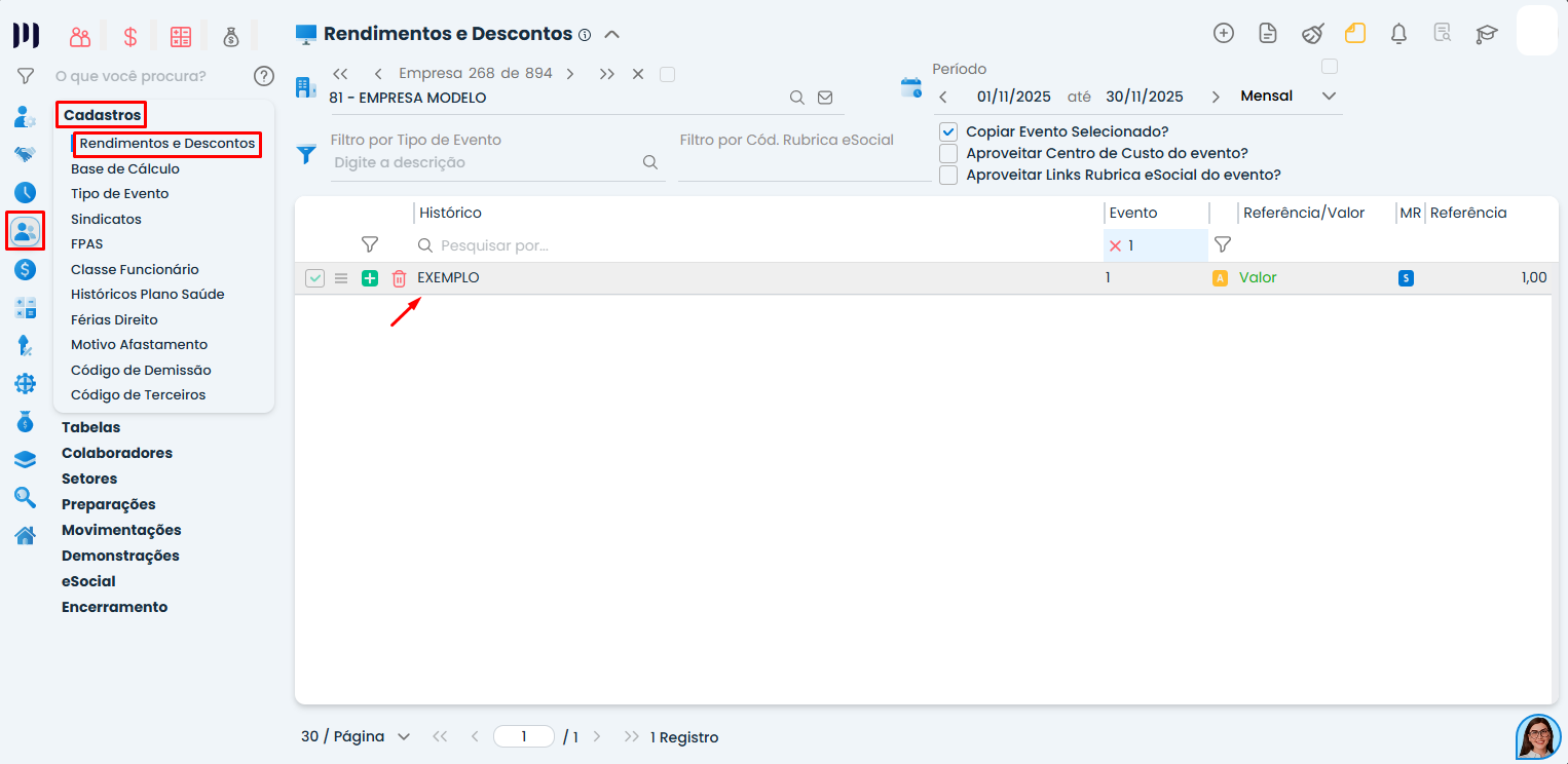 Tela do Sistema Contábil Makro em Rendimentos e Descontos destacando cadastro de evento indo média de forma indevida com seleção do item exemplo