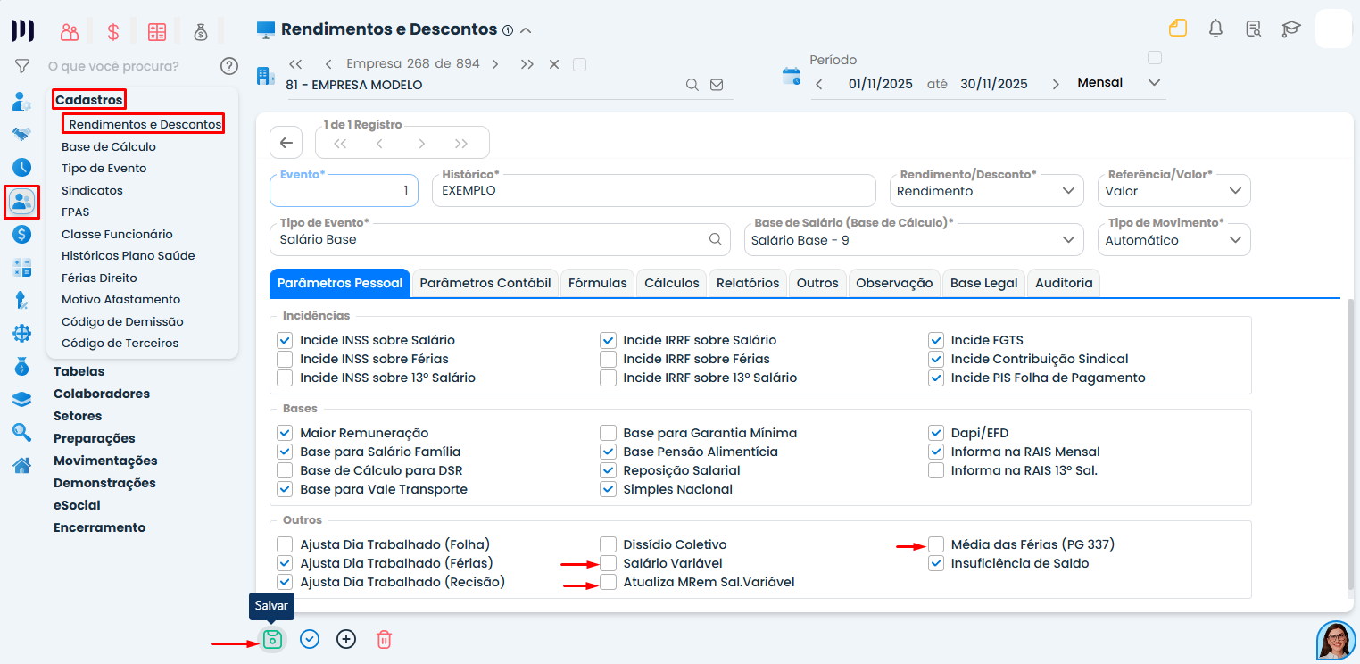 Tela de edição no Sistema Contábil Makro mostrando parâmetros pessoais do evento indo média de forma indevida com opções de maior remuneração e salário variável