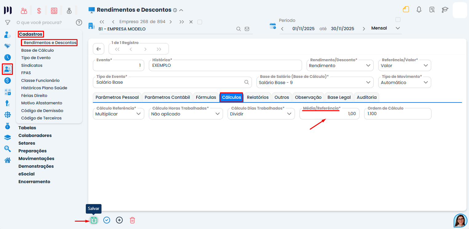 Tela de cálculos no Sistema Contábil Makro exibindo campo média referência ajustado para evento indo média de forma indevida com valor definido como um