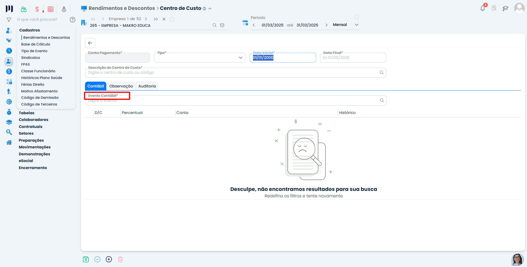 Tela de vínculo de evento contábil ao centro de custo no Sistema Contábil Makro usada para ajustar erros na contabilização da folha de pagamento.