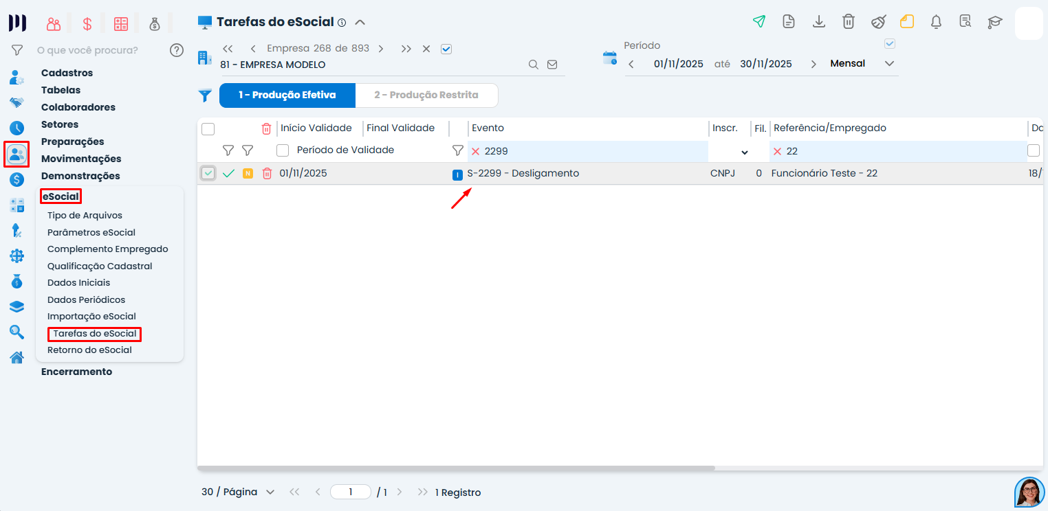 Tela do Sistema Contábil Makro exibindo menu eSocial e evento S-2299 selecionado para exclusão do evento S-2299 em processo de rescisão