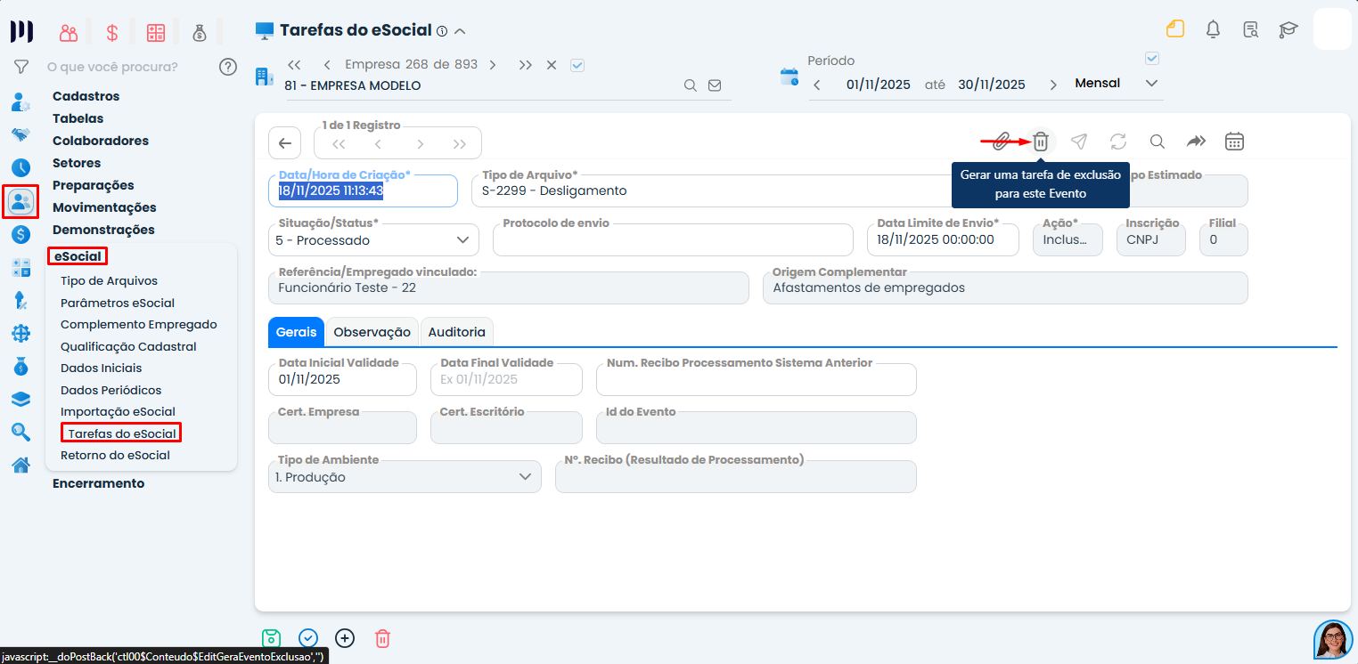Tela do Sistema Contábil Makro com detalhes do evento S-2299 e opção de gerar tarefa de exclusão do evento S-2299 para correção no eSocial