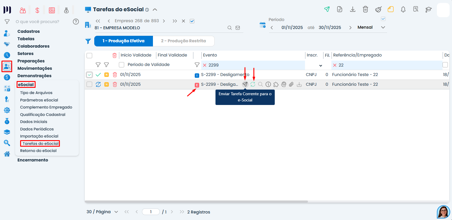 Tela do Sistema Contábil Makro mostrando envio da tarefa de exclusão do evento S-2299 no eSocial com destaque para ação de envio do evento