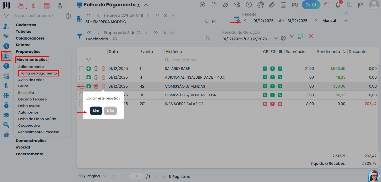 Tela do Sistema Contábil Makro na folha de pagamento exibindo exclusão de evento da folha de pagamento com ícone de lixeira e confirmação do registro