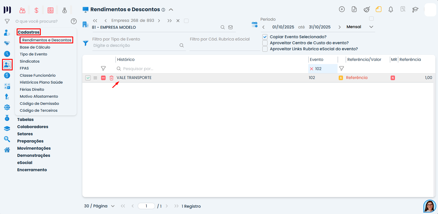 Interface do Sistema Contábil Makro em rendimentos e descontos para exclusão de evento da folha de pagamento com destaque no cadastro do evento