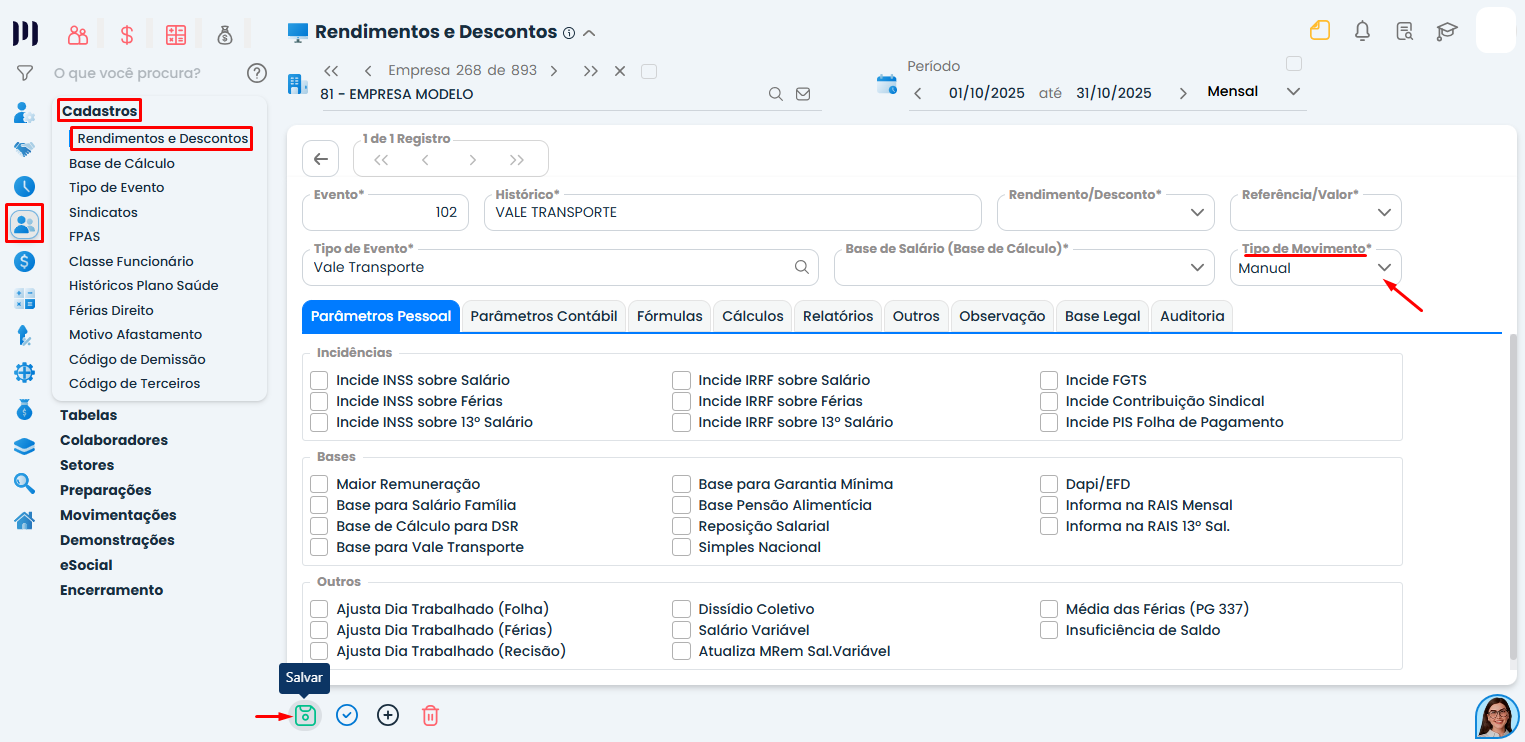 Tela de edição no Sistema Contábil Makro mostrando alteração para exclusão de evento da folha de pagamento com tipo de movimento manual selecionado
