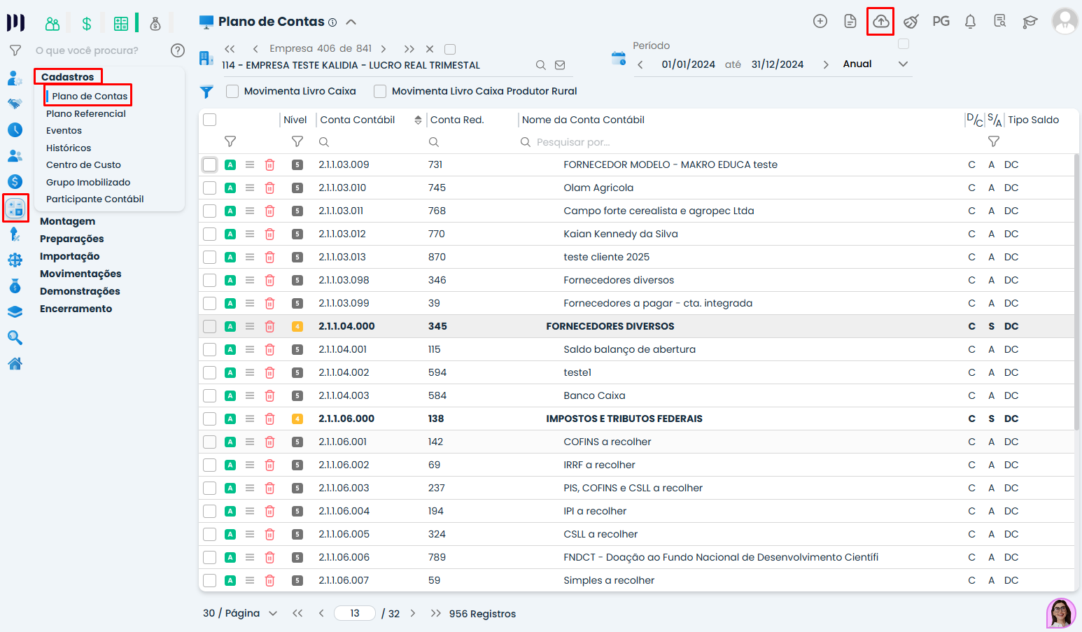 Tela do Sistema Contábil Makro com menu Plano de Contas em Cadastros destacado, exibindo listagem de contas contábeis com colunas e filtros para Planos de Contas.