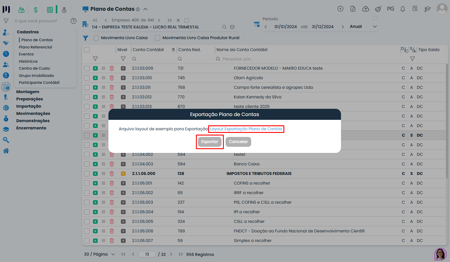 Janela de exportação no Sistema Contábil Makro exibindo opção de layout e botão exportar para Planos de Contas, com destaque para configuração do arquivo.