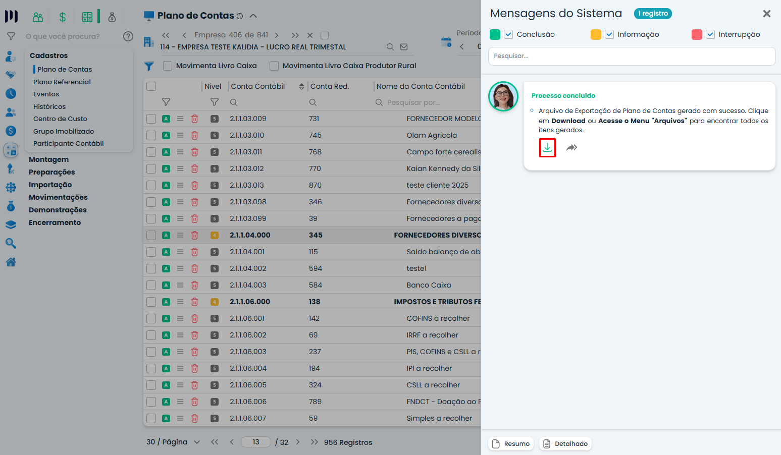 Tela de mensagens do Sistema Contábil Makro indicando exportação concluída dos Planos de Contas com sucesso e opção de download do arquivo gerado.
