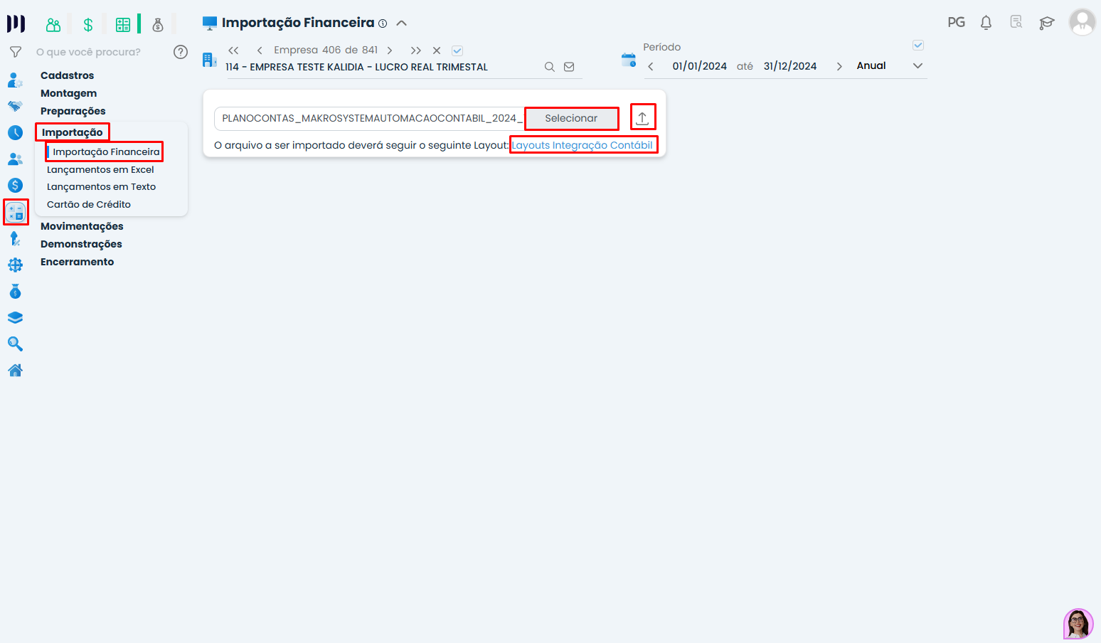 Tela de importação financeira no Sistema Contábil Makro com seleção de arquivo e layout contábil para inserir Planos de Contas no sistema de forma automatizada.