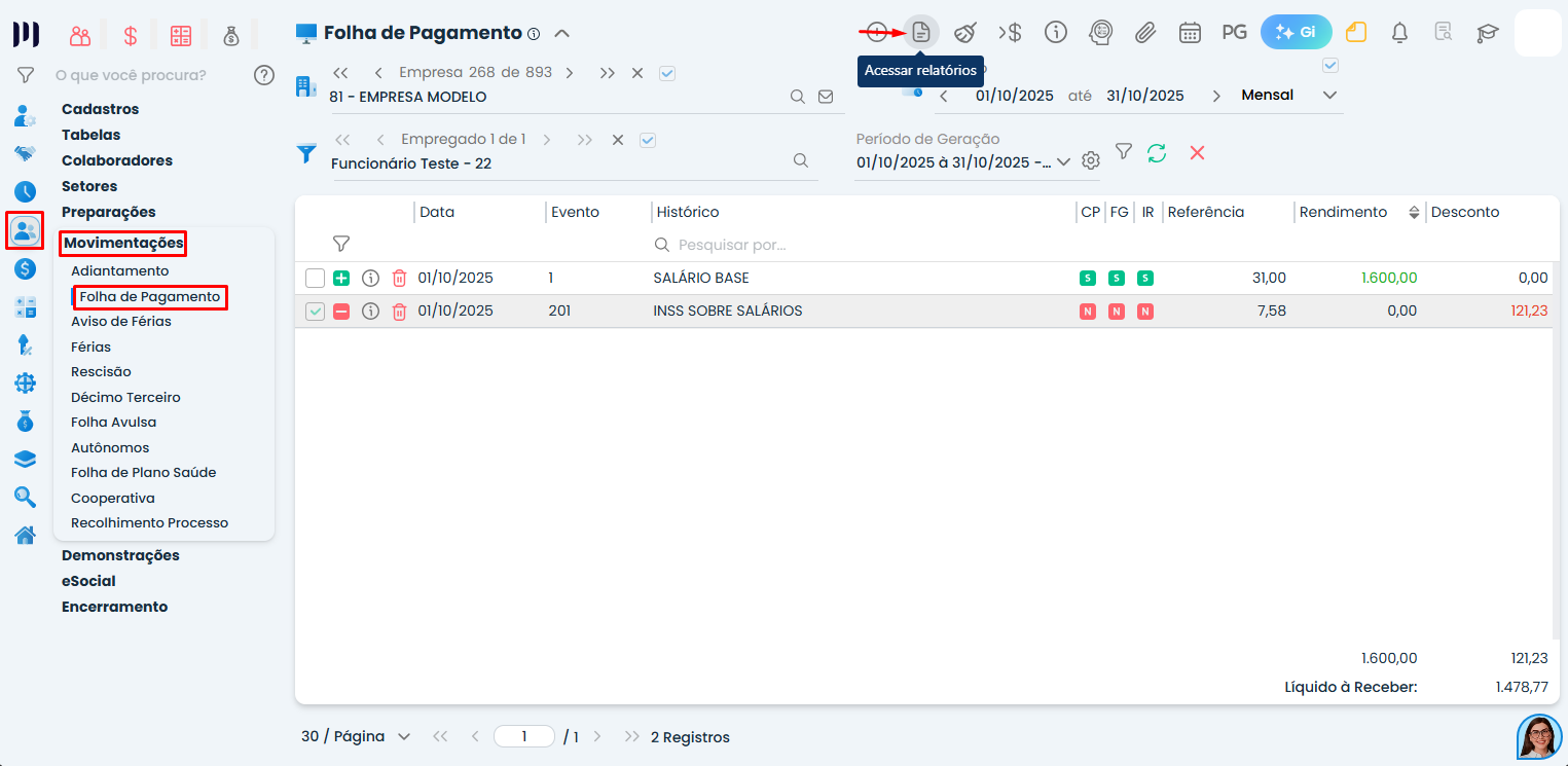 Interface do Sistema Contábil Makro com folha de pagamento gerada exibindo eventos de salário e descontos no processo de geração da folha de pagamento
