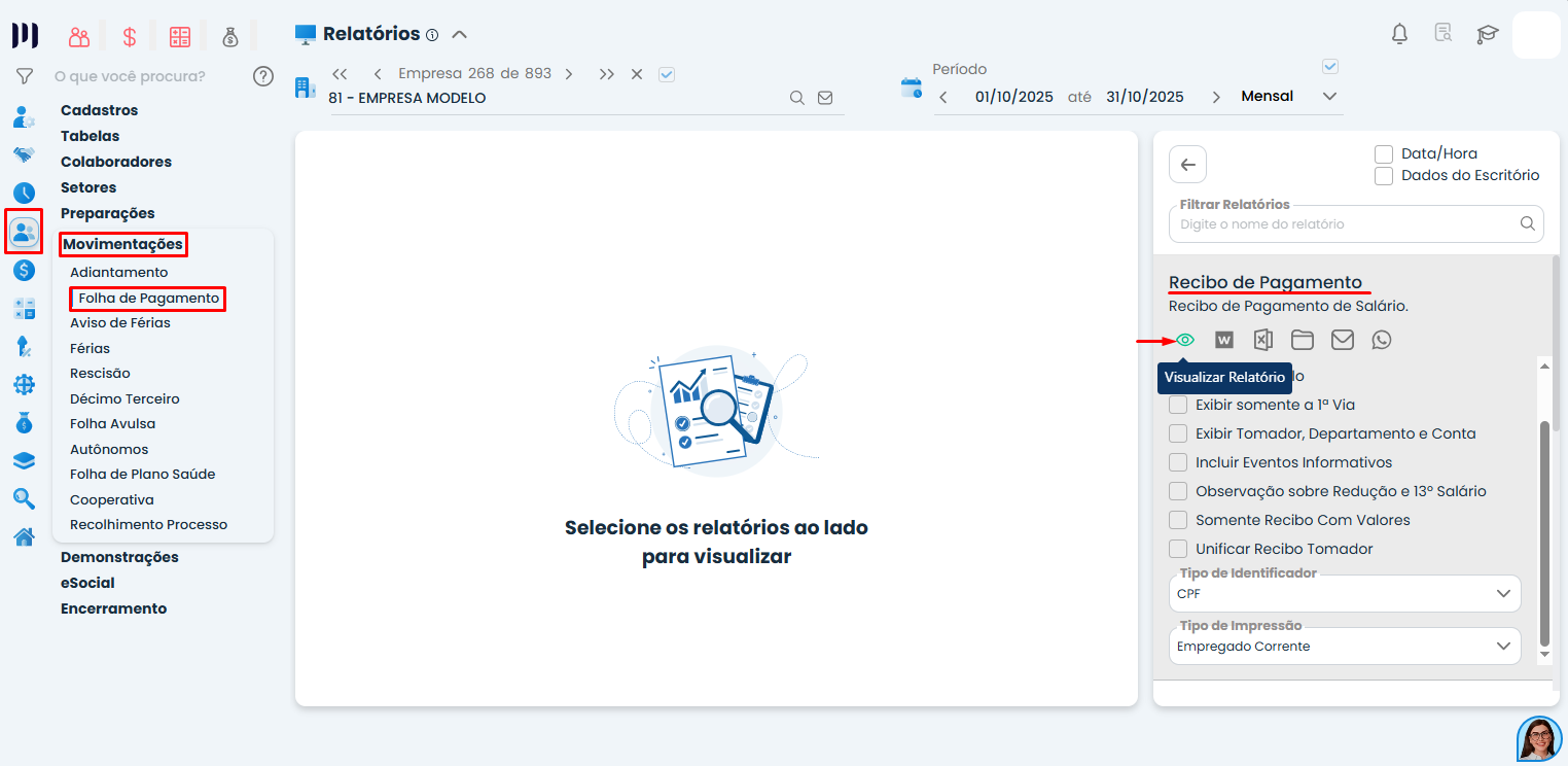 Tela de relatórios do Sistema Contábil Makro com opção recibo de pagamento destacada após geração da folha de pagamento para emissão de documentos