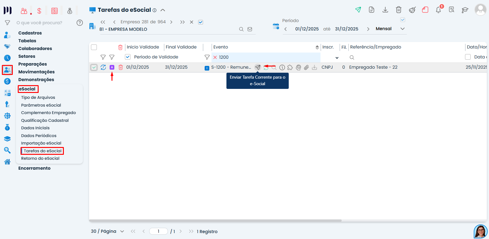Tela do Sistema Contábil Makro em Tarefas do eSocial com evento S-1200 destacado para envio dos Dados periódicos da folha de 13º