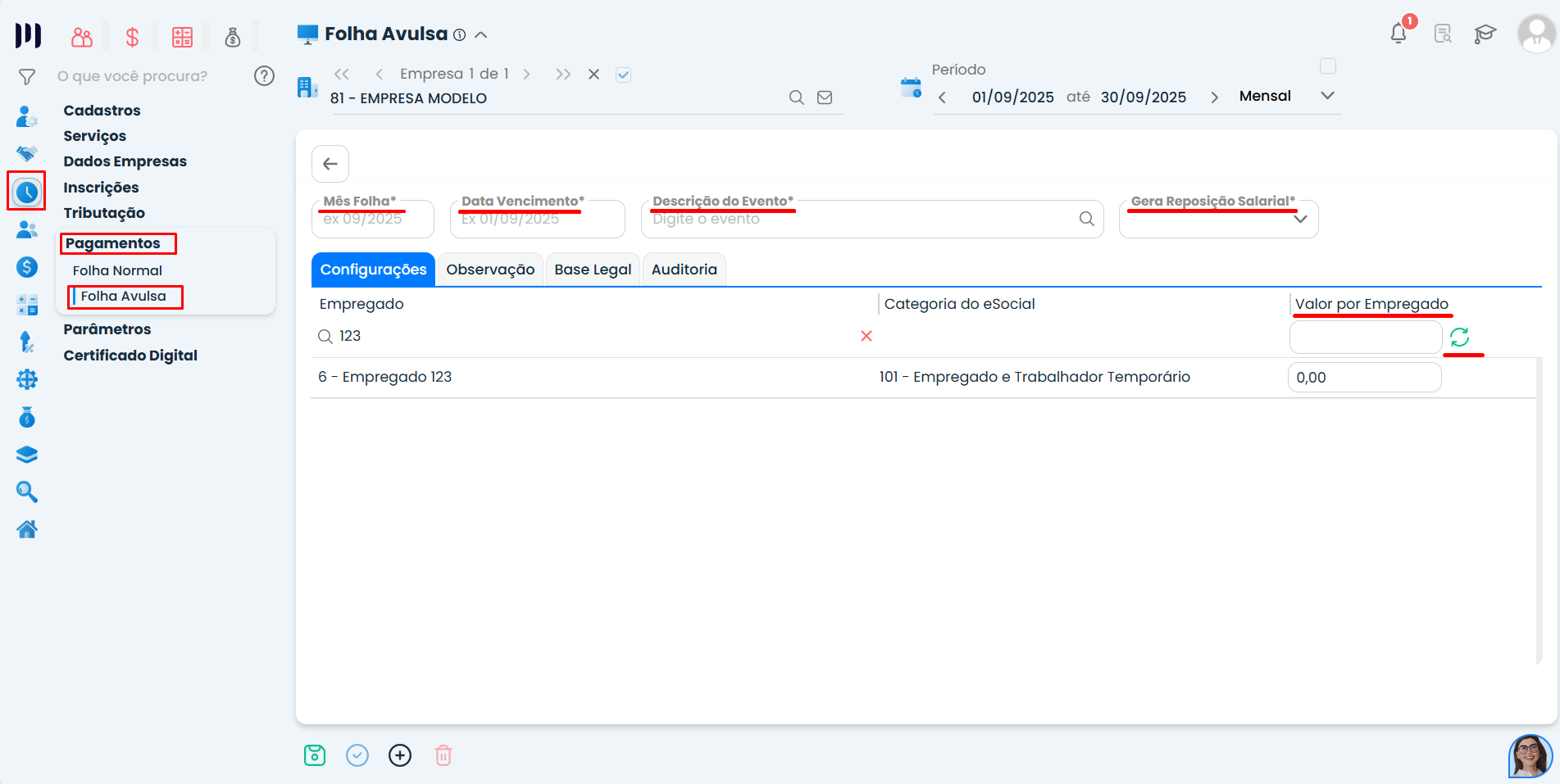 Tela de configuração da folha avulsa no Sistema Contábil Makro com campos de mês, vencimento e valores por empregado na geração de folha avulsa no sistema Makro