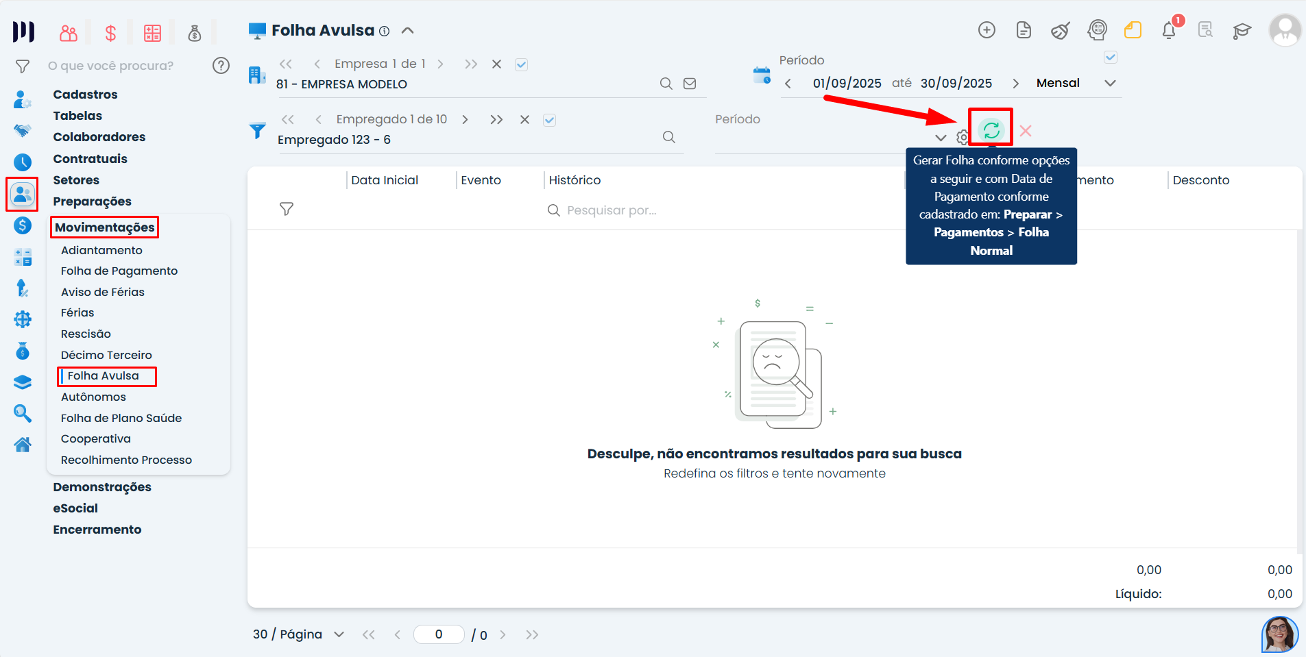 Tela de geração da folha avulsa no Sistema Contábil Makro com menu movimentações e botão gerar destacado para geração de folha avulsa no sistema Makro