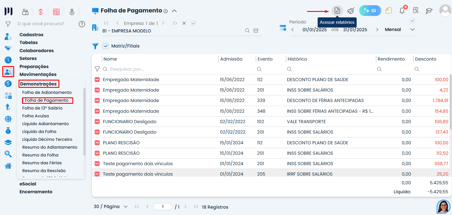 Tela do Sistema Contábil Makro exibindo menu de folha de pagamento com opção acessar relatórios destacada para gerar ficha financeira.