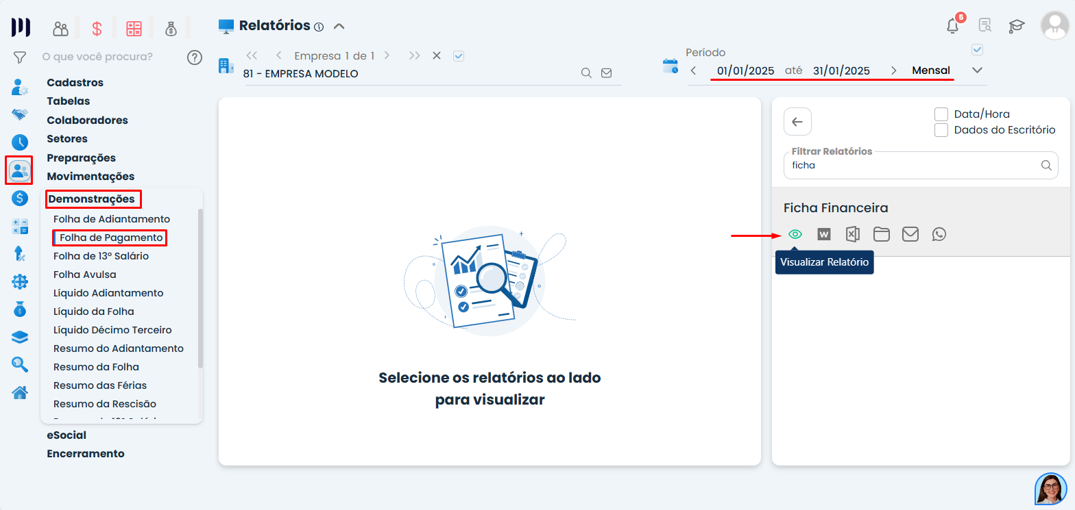 Interface do Sistema Contábil Makro mostrando tela de relatórios com opção ficha financeira e botão visualizar relatório selecionado.